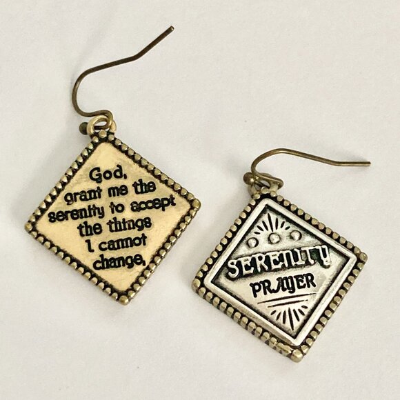 Serenity Prayer Earrings Silver Gold Tone AA NA Alcoholics Anonymous Dangle - Picture 4 of 9